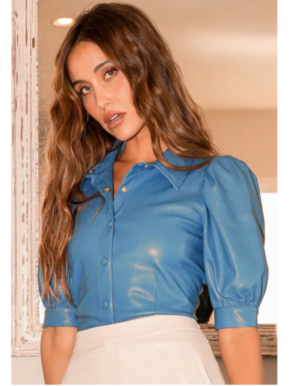 Lulus Making Impressions Denim Blue Vegan Leather Puff Sleeve Top Size L